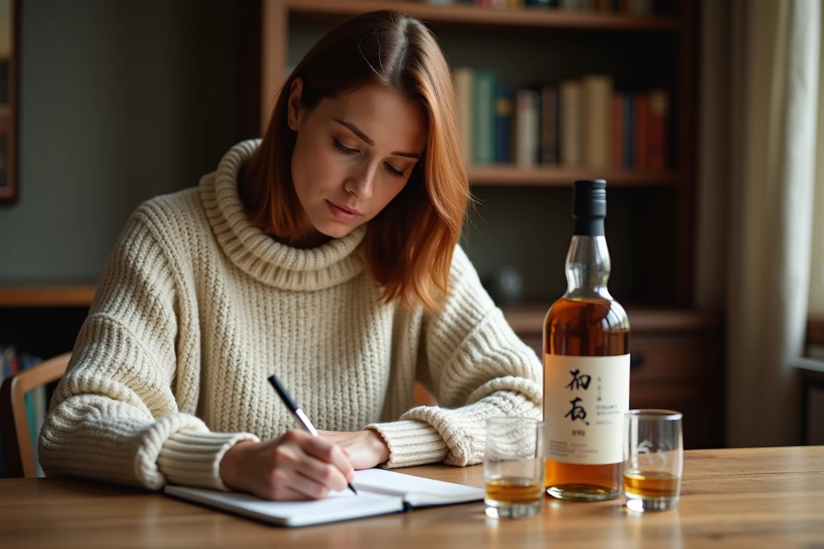 Femme rédigeant ses notes de dégustation de whisky Akashi White Oak dans un intérieur cosy avec journal et verres