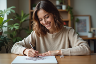 Femme souriante réalisant une peinture de diamants dans un salon chaleureux