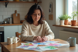 Femme moyenne âge compare deux kits de diamant peinture