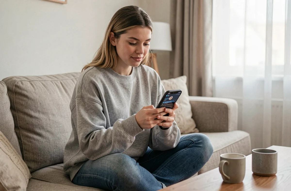 Jeune femme rejoignant un serveur Discord de lecture de manga sur son smartphone dans son salon