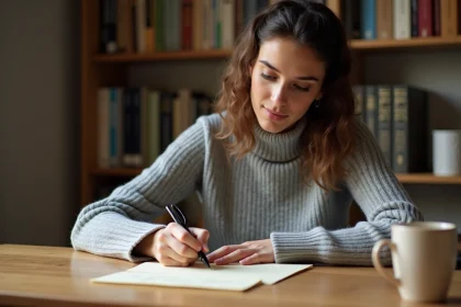 Femme écrivant une lettre à la main avec un stylo plume, illustrant l'orthographe correcte de 'je t'envoie' en français