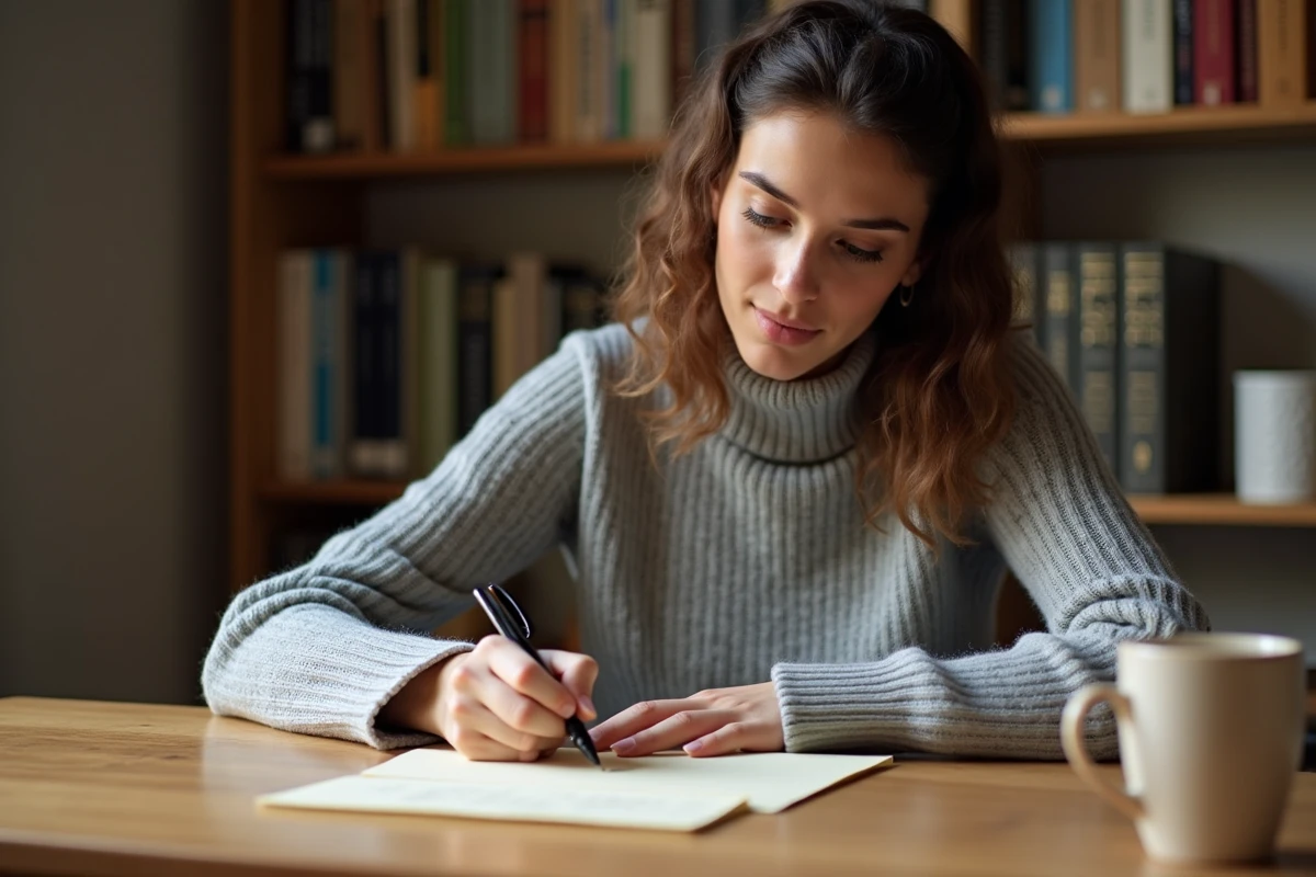 Femme écrivant une lettre à la main avec un stylo plume, illustrant l'orthographe correcte de 'je t'envoie' en français