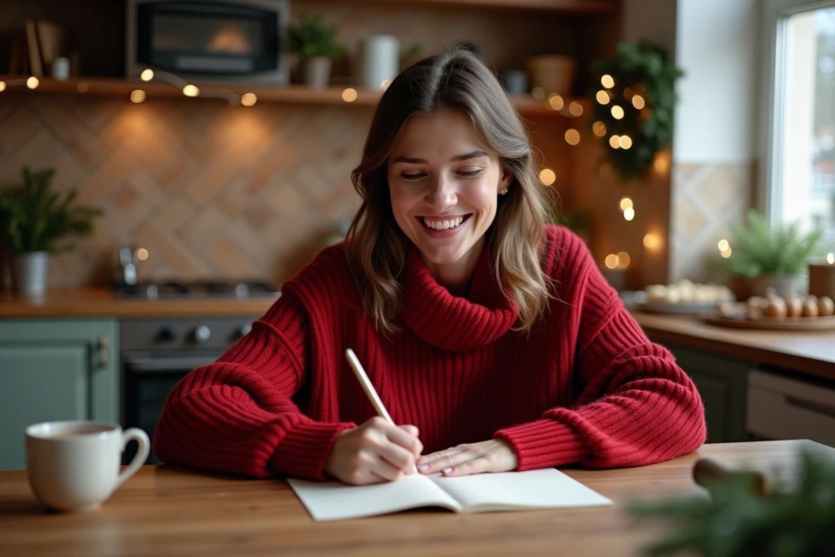 Femme écrivant une carte de Noël dans une cuisine chaleureuse