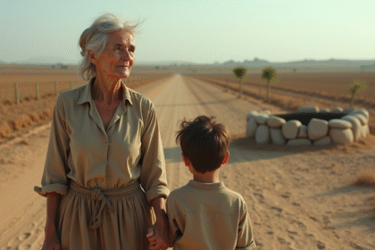 Femme âgée et enfant face à un champ desséché
