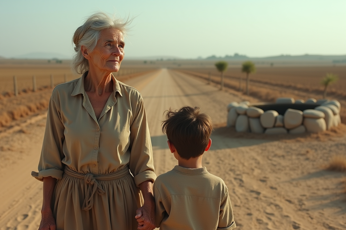 Femme âgée et enfant face à un champ desséché
