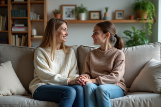 Femme et fille discutent chaleureusement sur un canapé