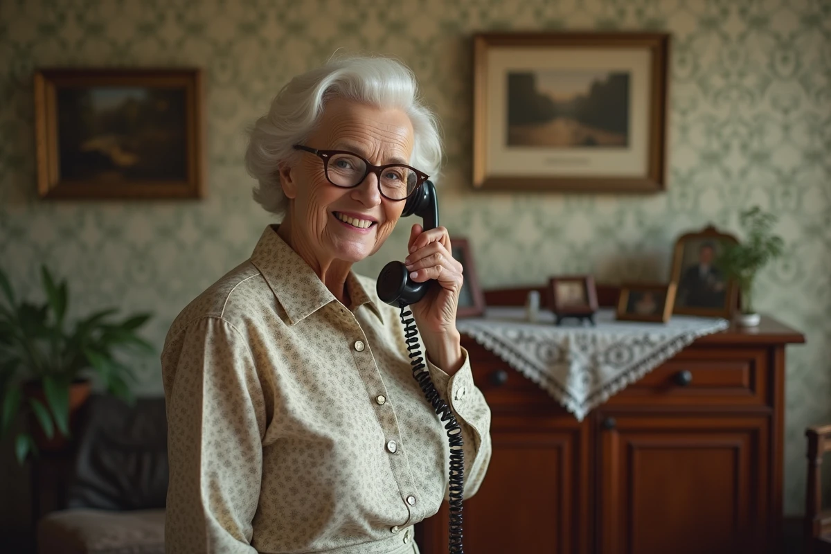 Femme âgée avec téléphone rotatif dans son salon vintage