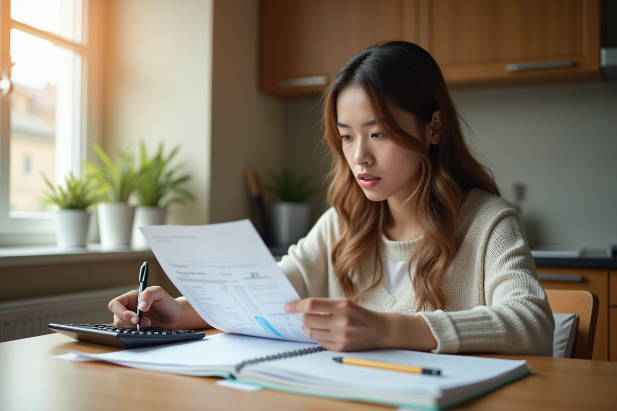 Jeune femme vérifiant ses factures à la maison