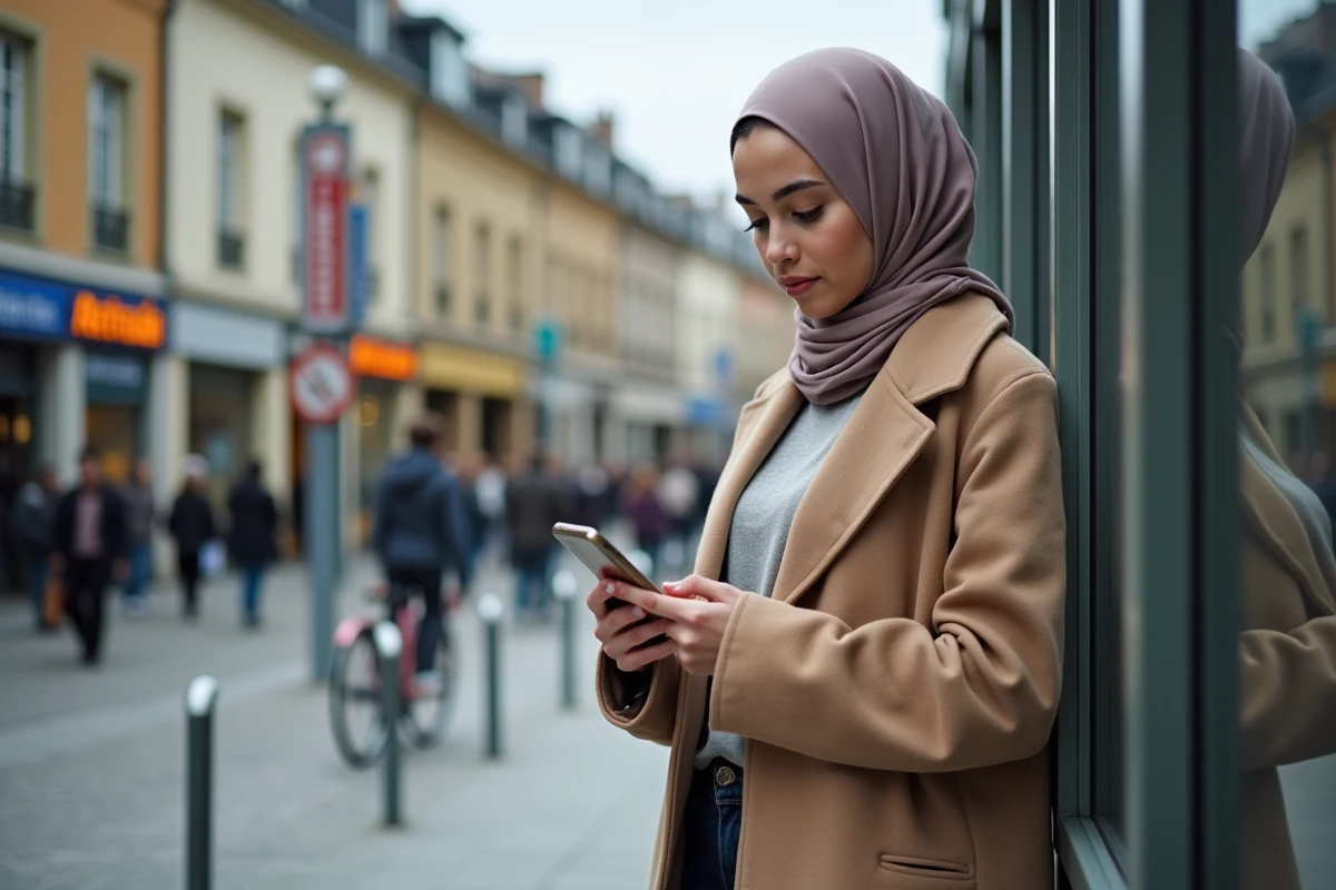 Jeune femme musulmane au hijab à la gare d'Agen