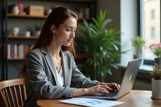 Femme concentrée devant un ordinateur dans un appartement urbain