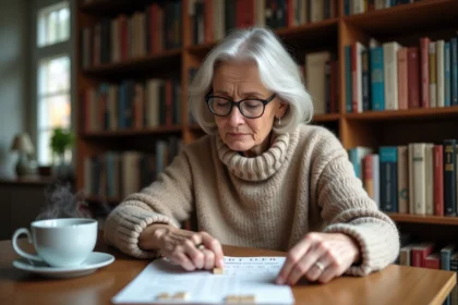 Femme concentrée jouant au Scrabble avec liste de mots