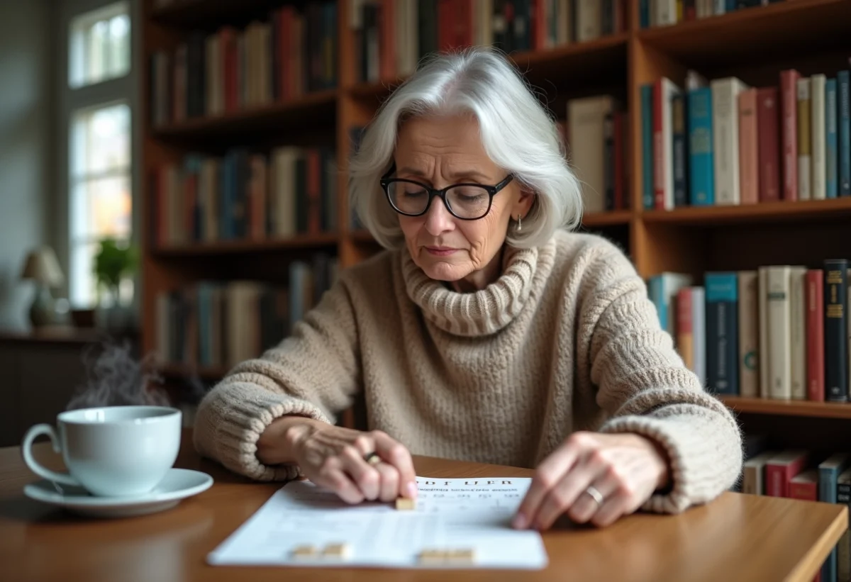 Femme concentrée jouant au Scrabble avec liste de mots