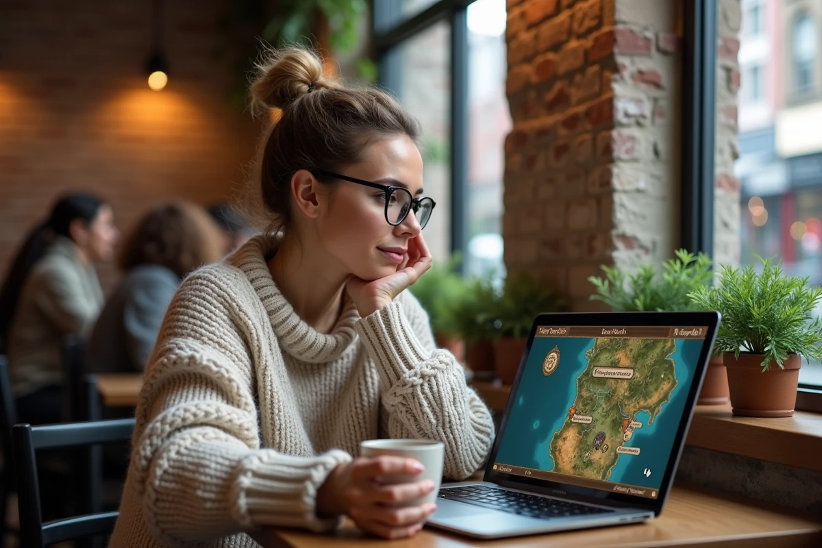 Femme jouant à un MMORPG dans un café urbain en cherchant des portails sur une carte de jeu en 2026