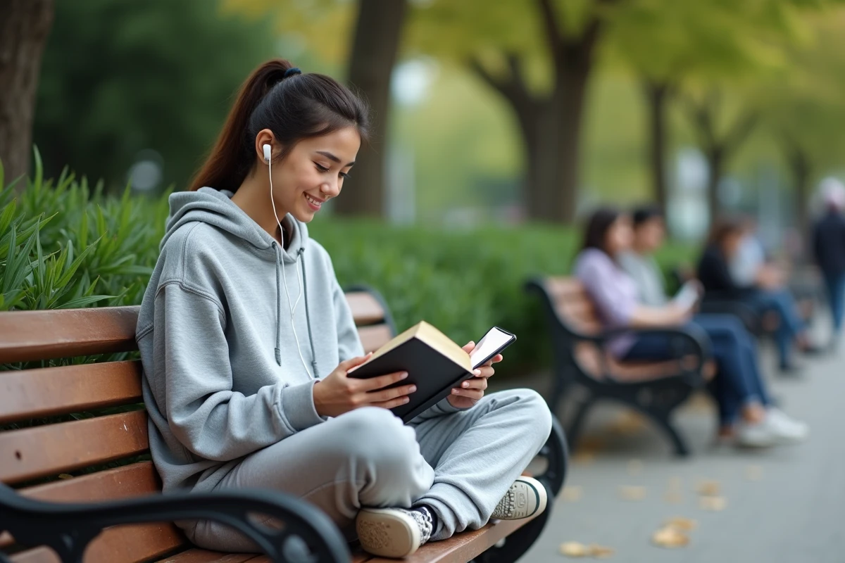 Femme lisant manga sur smartphone dans un parc urbain