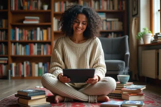 Femme lisant sur tablette entourée de BD, mangas et romans dans une bibliothèque chaleureuse