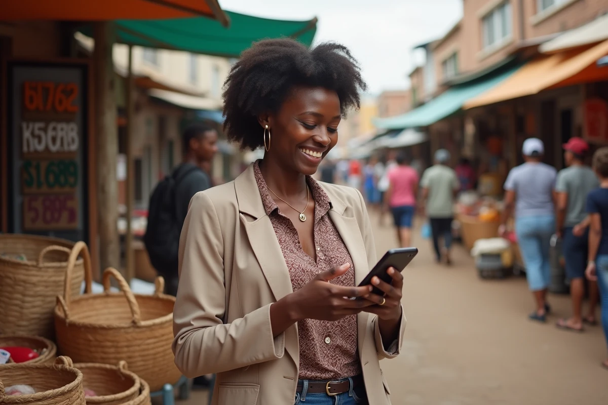 Femme malgache souriante utilisant son smartphone au marché