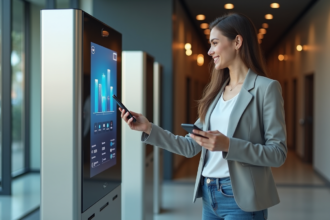 Jeune femme souriante utilisant un kiosque digital dans un bureau moderne