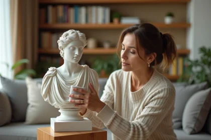 Femme d'âge moyen nettoyant une statue grecque blanche dans un salon lumineux