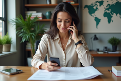 Femme d'âge moyen au bureau utilisant son smartphone