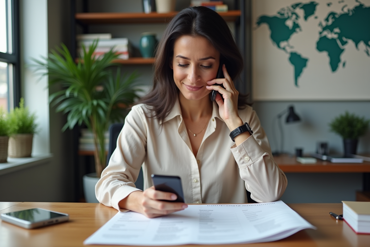 Femme d'âge moyen au bureau utilisant son smartphone