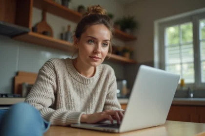 Femme concentrée utilisant un ordinateur dans sa cuisine moderne