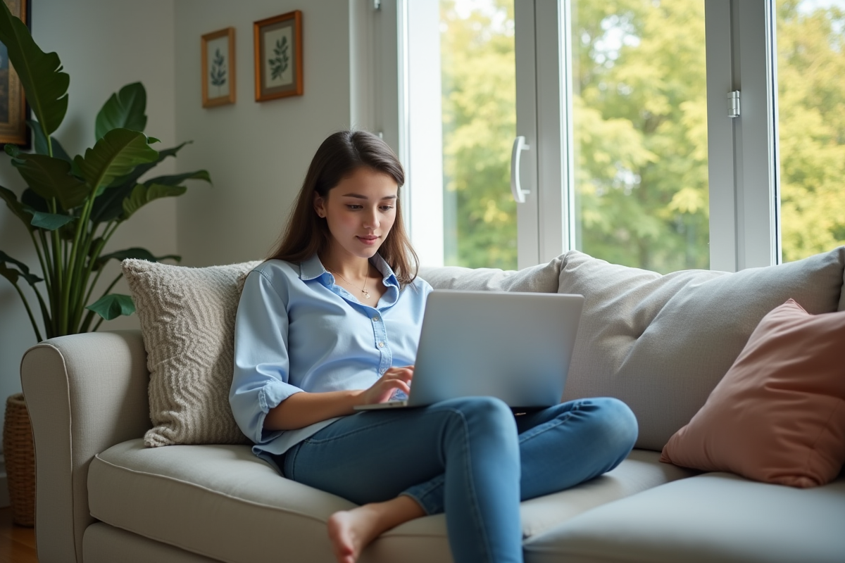 Jeune femme utilisant un ordinateur pour comparer des plateformes SCPI