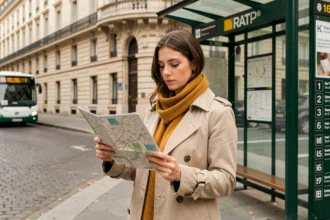 Femme consultant un plan de bus RATP devant un arrêt de bus parisien avec façades haussmanniennes en arrière-plan