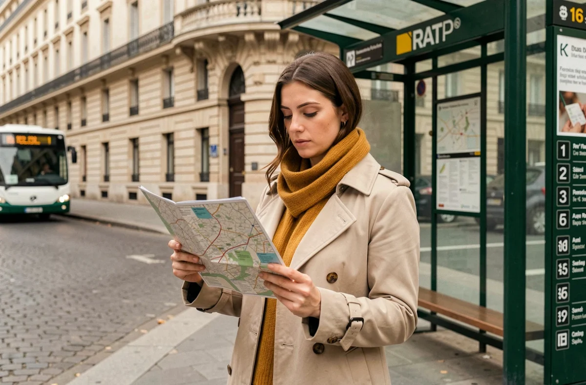 Femme consultant un plan de bus RATP devant un arrêt de bus parisien avec façades haussmanniennes en arrière-plan