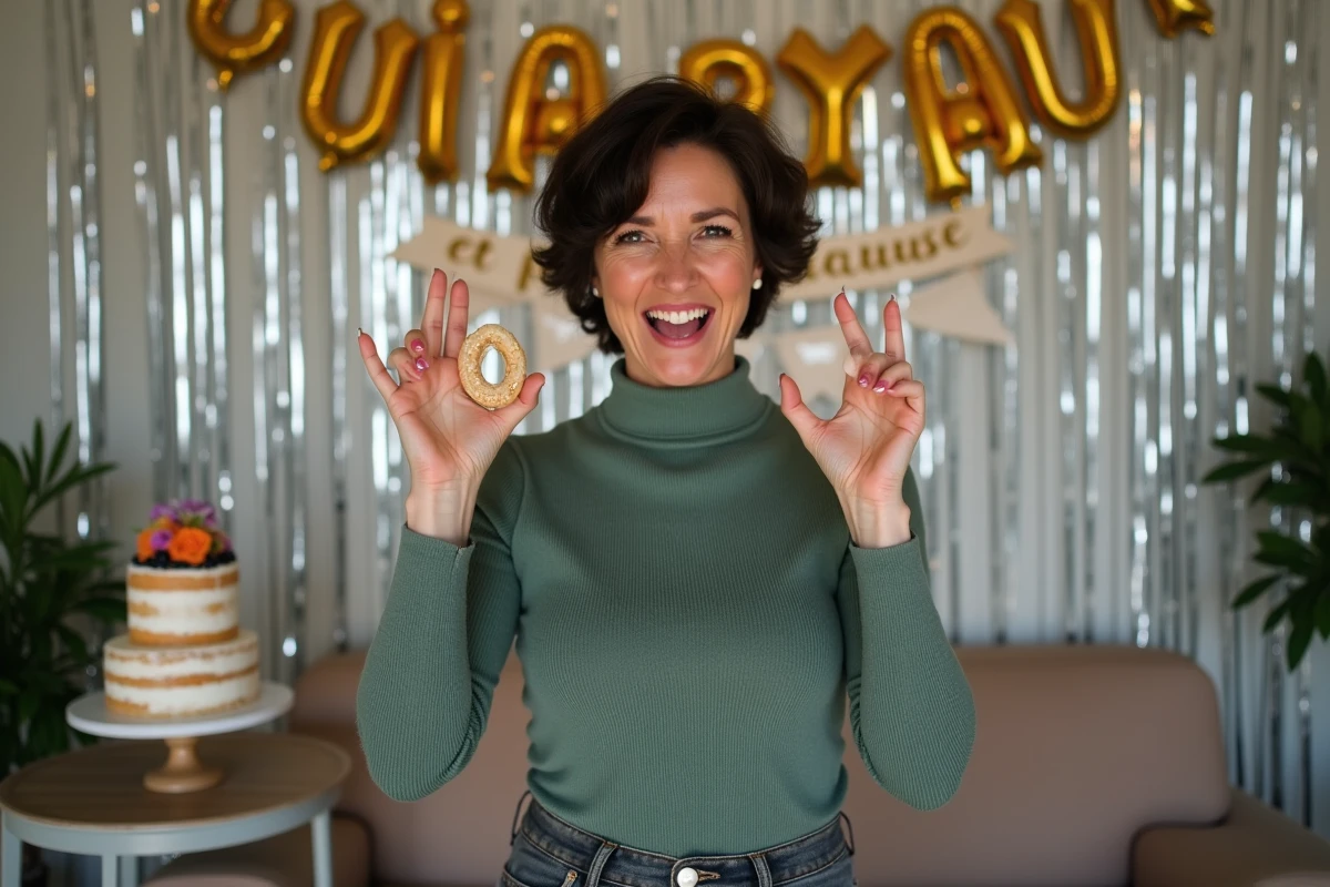 Femme de 40 ans posant avec humour devant une décoration d'anniversaire festive dans un salon