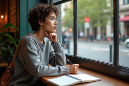 Jeune femme pensante dans un café avec carnet