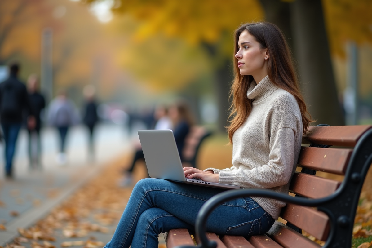 Jeune femme assise sur un banc de parc en pleine réflexion
