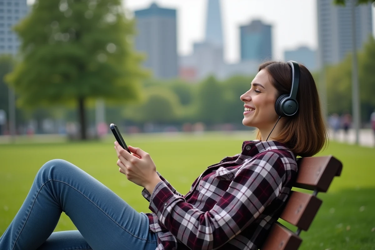 Femme souriante écoute musique dans un parc urbain