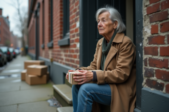 Femme d'âge moyen assise sur un pas de porte urbaine