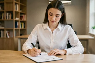 Jeune femme professionnelle révisant son CV avec des annotations à un bureau moderne, illustrant les astuces de rédaction pour valoriser un stage