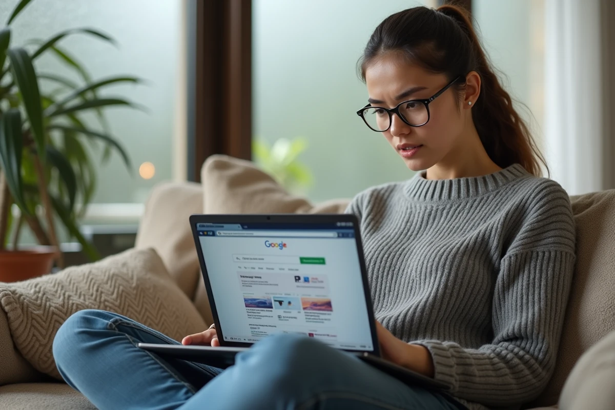 Femme lisant des avertissements sur la fiabilité d'un site de téléchargement depuis son canapé