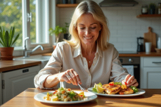 Femme d'âge moyen souriante à la cuisine avec salade quinoa