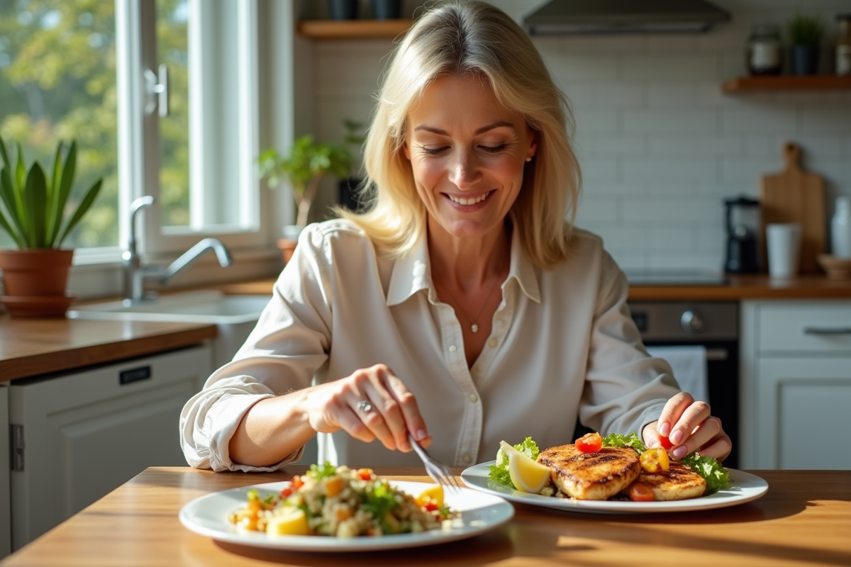 Femme d'âge moyen souriante à la cuisine avec salade quinoa