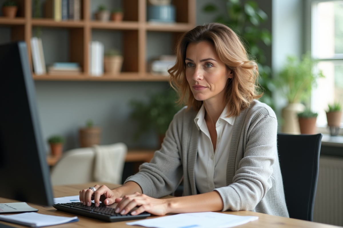 Femme en bureau utilise un ordinateur pour une simulation de crédit