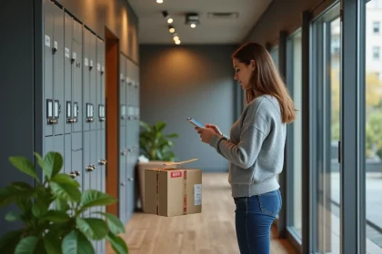Femme regardant son smartphone à l'entrée d'un appartement