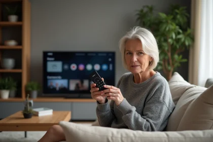 Femme tenant une télécommande Freebox et inspectant le compartiment à piles sur son canapé