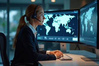 Jeune femme professionnelle en bureau avec écrans de traduction