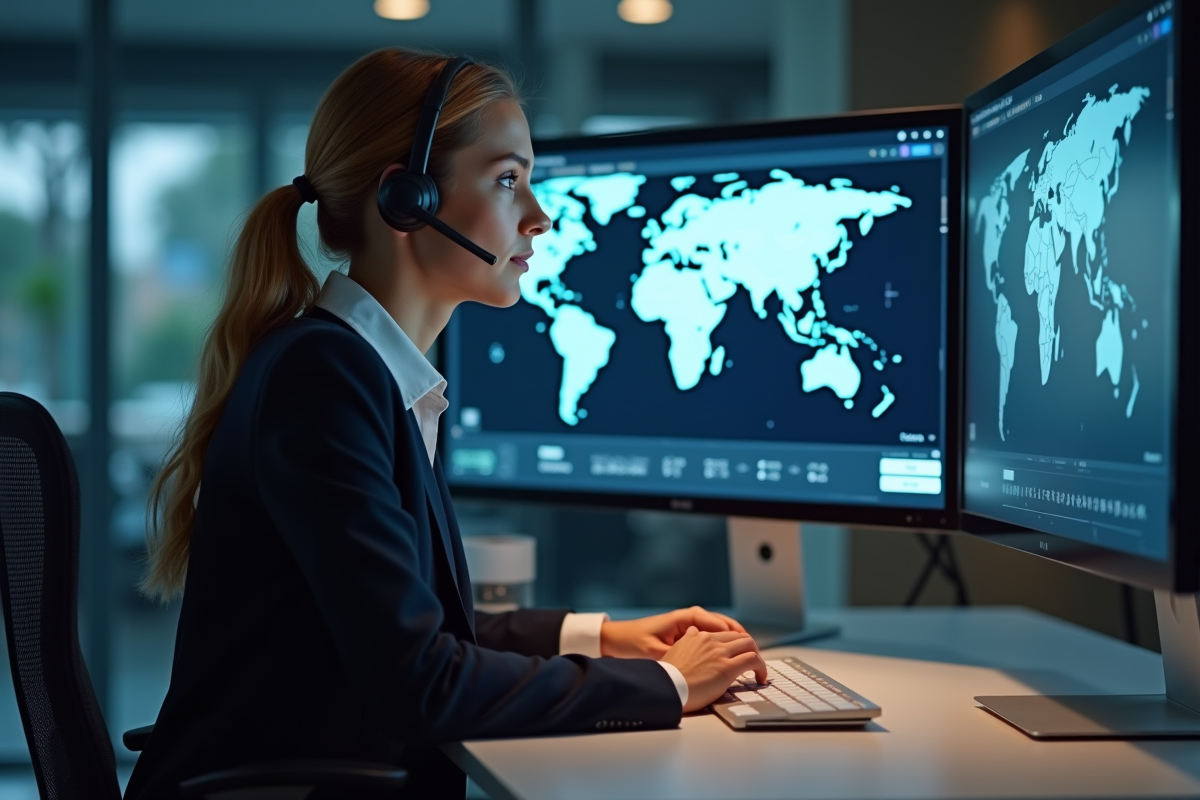 Jeune femme professionnelle en bureau avec écrans de traduction