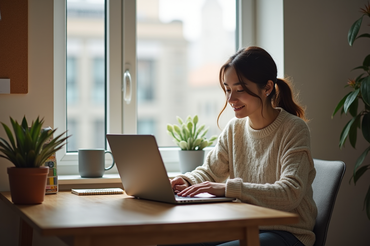 Jeune femme travaillant tranquillement sur son ordinateur portable
