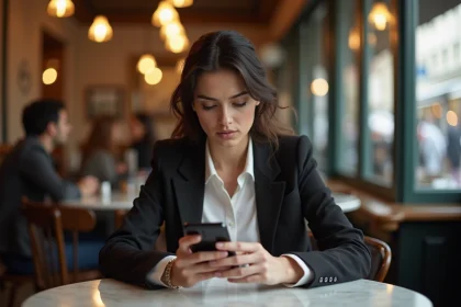 Femme consultant son smartphone dans un café parisien pour vérifier une rumeur people