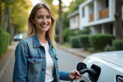 Femme souriante débranchant une voiture hybride écologique