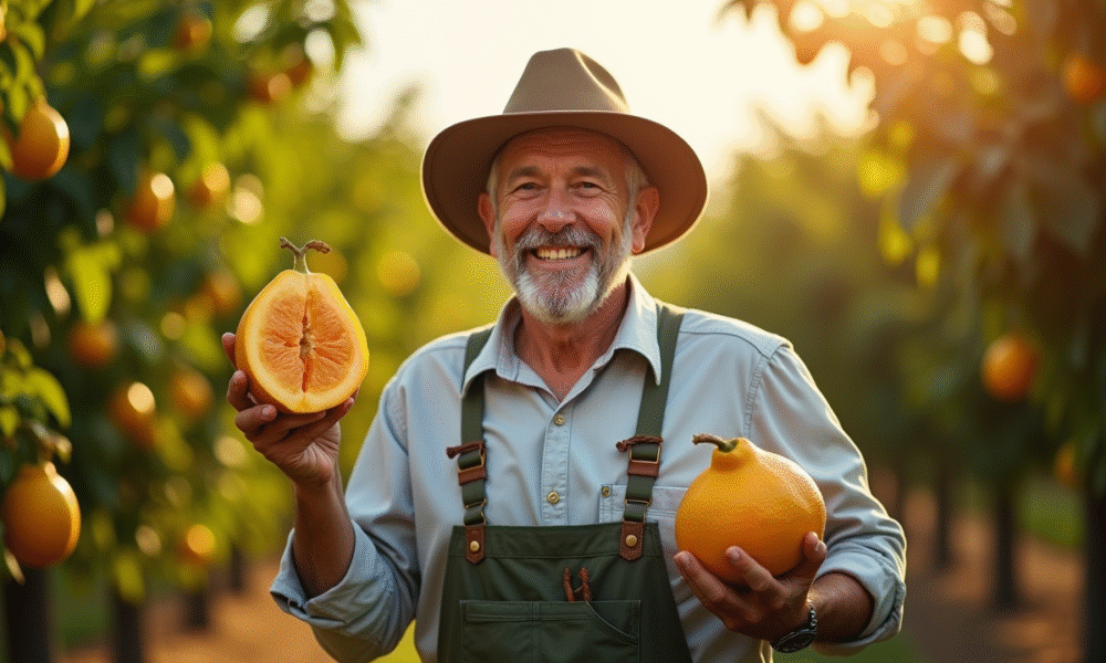 Fermier souriant tenant un starfruit fraîchement coupé dans un verger ensoleille