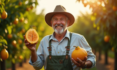 Fermier souriant tenant un starfruit fraîchement coupé dans un verger ensoleille