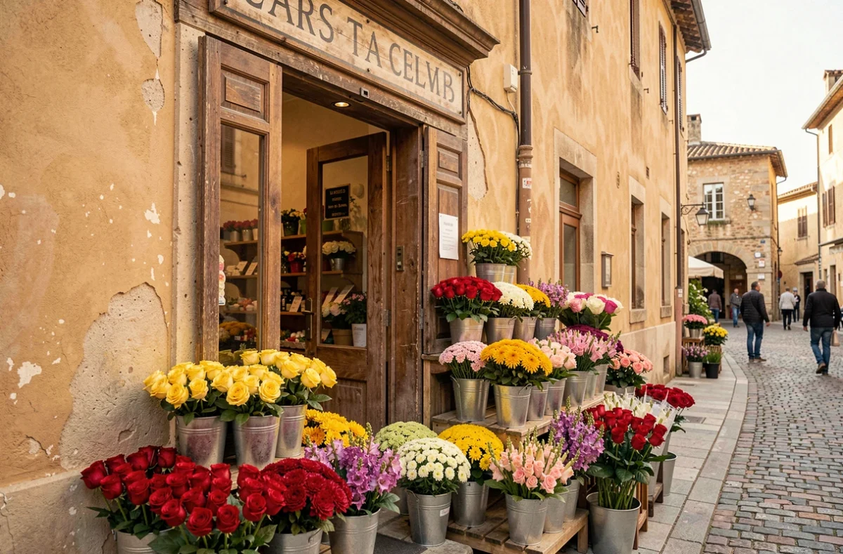 Devanture classique de la fleuriste Ferrari en Vaucluse avec des seaux de roses et chrysanthèmes disposés sur un présentoir en bois devant la boutique