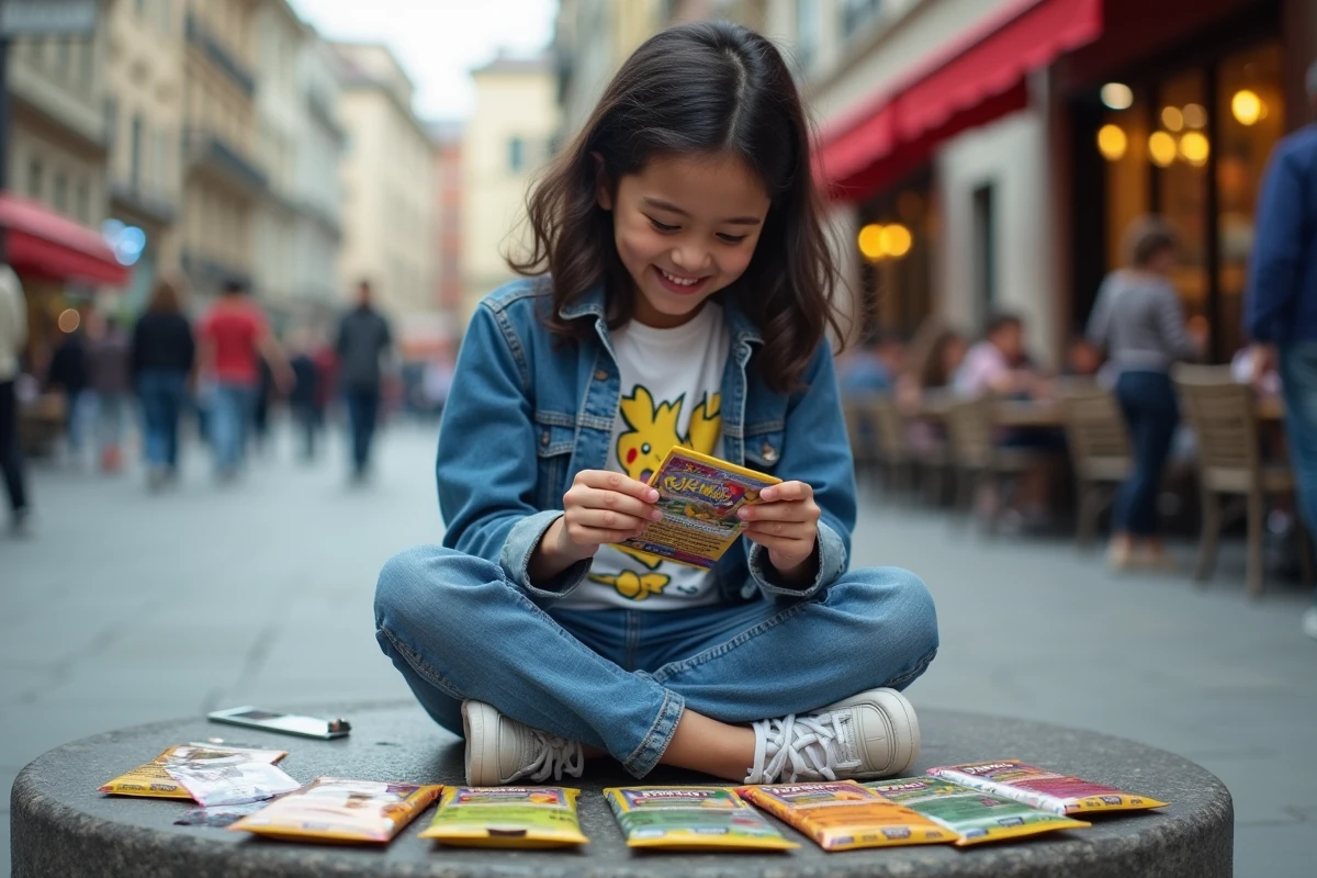 Adolescente ouvre un booster Pokémon en plein air dans une place urbaine