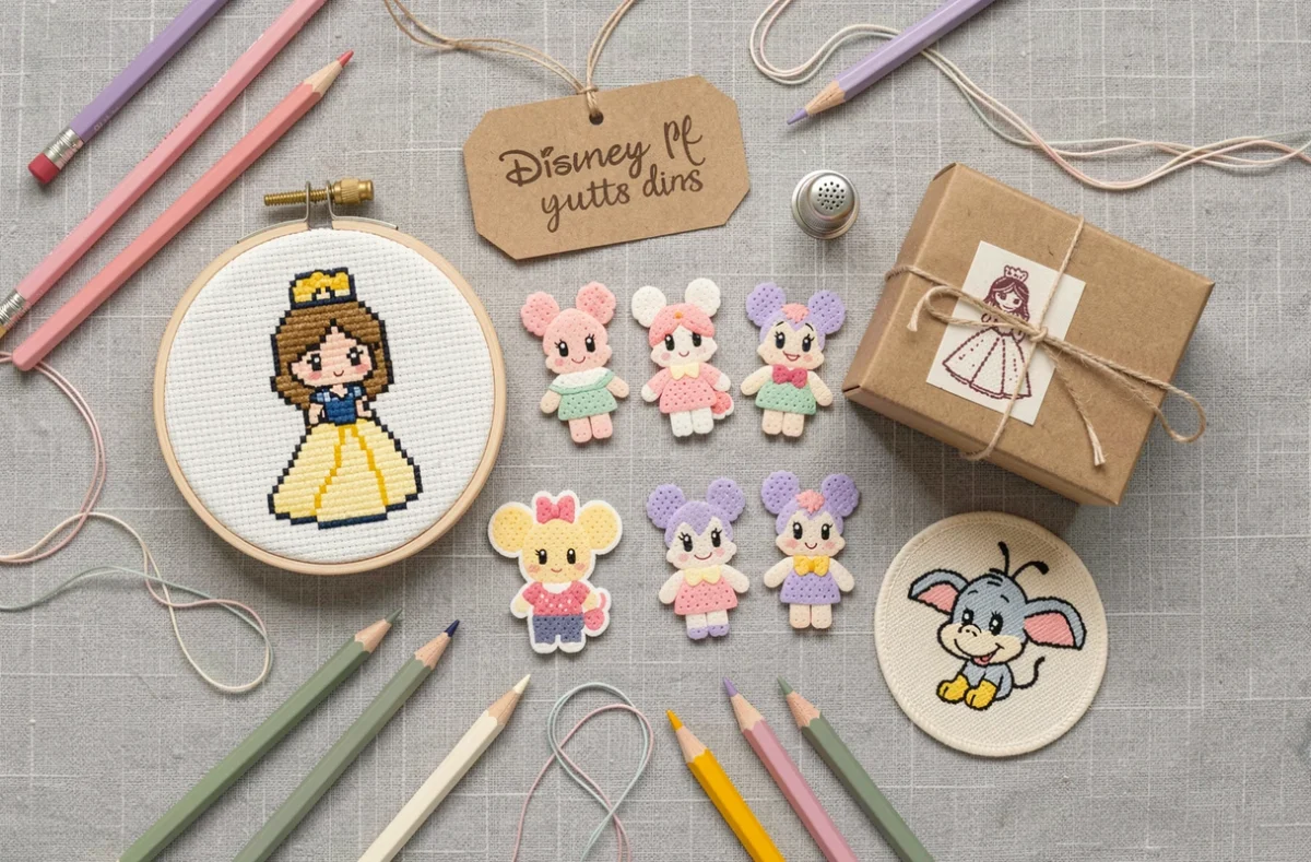 Flatlay de cadeaux faits main en pixel art kawaii Disney incluant broderies, perles à repasser et étiquettes décoratives sur lin gris